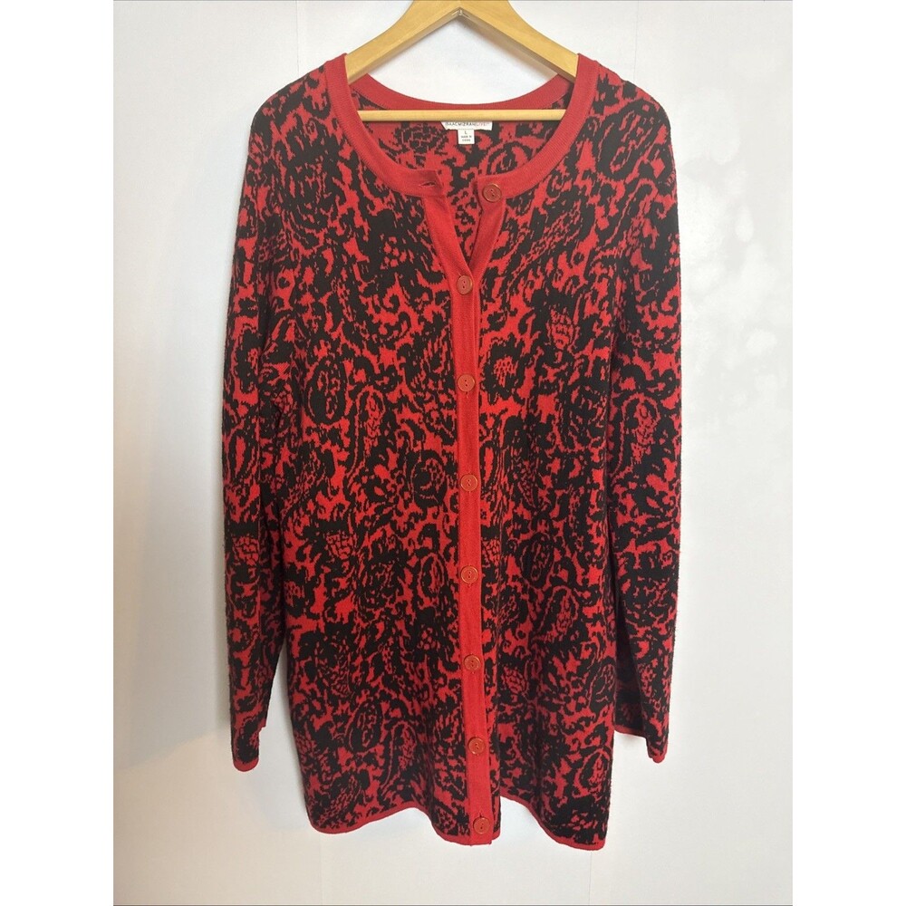 Isaac Mizrahi Live Womens Large Cardigan Red Black Button‎ Up Long Whimsigoth